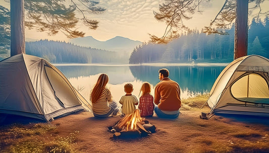 A family of four camping near a beautiful lake, surrounded by nature