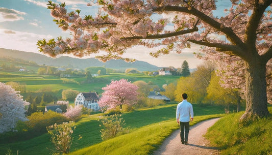 A man visiting the countryside in spring, with cherry blossoms and flowers in full bloom