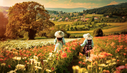 Two women working the field in spring, sunny afternoon, full of flowers, rich in color