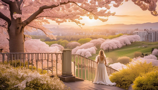A woman looking over a blooming park on the outskirts of a city, during spring, romanticizing bloomcore