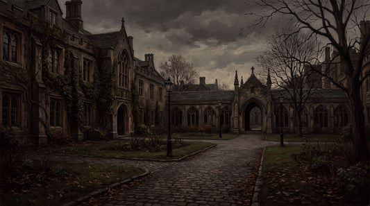 A painting depicting old college grounds, dark academia aesthetic
