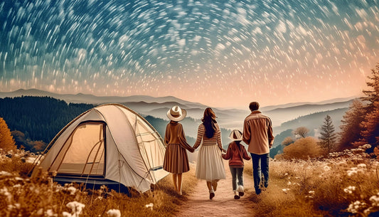 A family enjoying nature at night, near a tent, and a sky full of stars