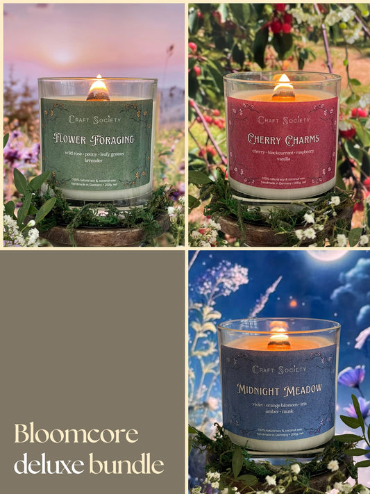 A bundle of three scented candles from the Bloomcore collection, deluxe edition