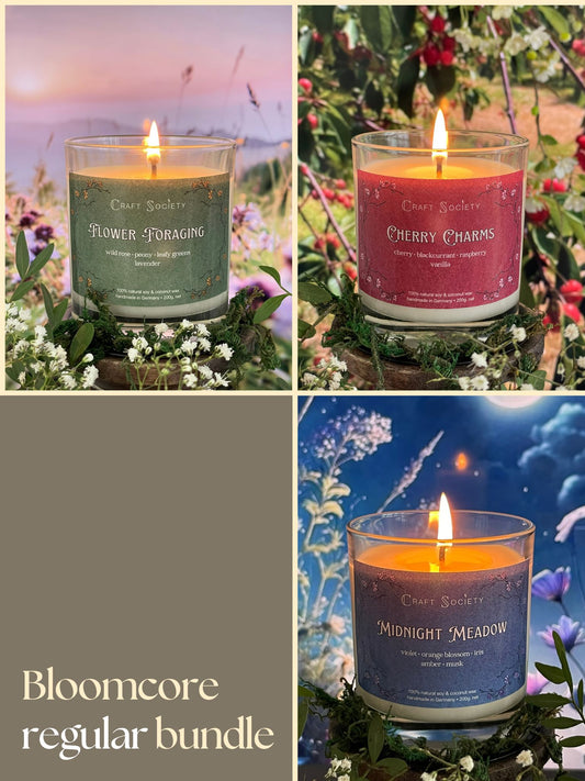 A bundle of three scented candles from the Bloomcore collection, regular edition