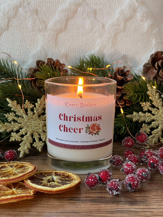 A lit scented candle made from vegetable wax on a Christmas decoration background