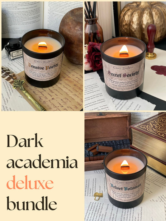 A bundle of three scented candles from the Dark Academia collection, deluxe edition