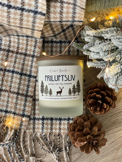 The Friluftsliv scented candle with wooden wick from above on a festive background