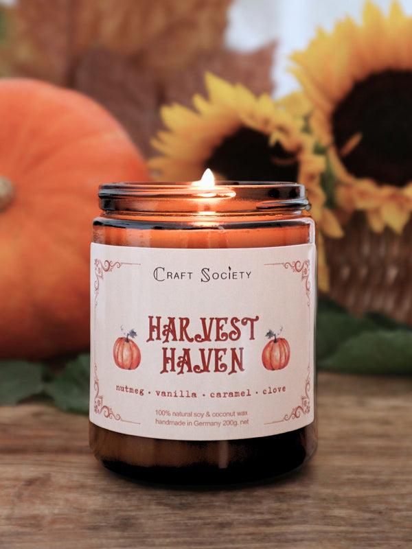 Harvest Haven handmade scented candle lit regular cotton wick