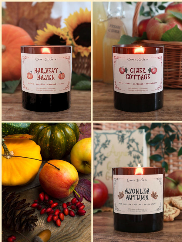 A bundle of candles inspired by autumn and cottage core with wooden wicks and glossy amber jars