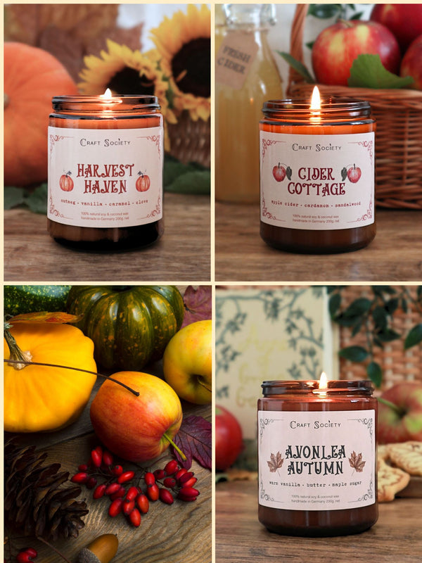 A bundle of candles inspired by autumn and cottage core with cotton wicks and amber jars