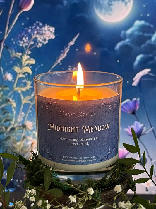 A scented candle called Midnight Meadow  on a floral and night background, lit, clear glass jar, regular version with cotton wick