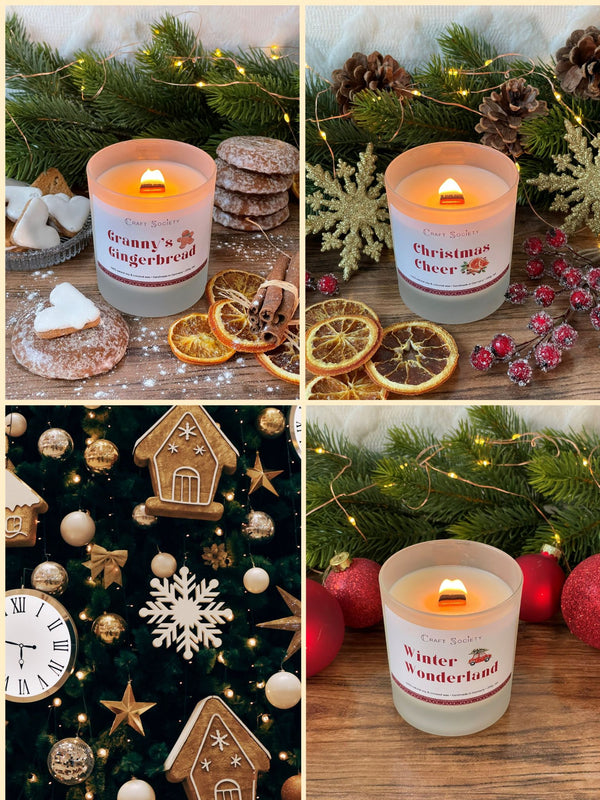 A bundle of three scented candles from the Nostalgic Christmas collection, deluxe edition with frosted jars and wooden wicks