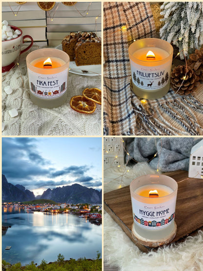 A bundle of three deluxe scented candles, all lit, on a decorated background, scandinavian theme