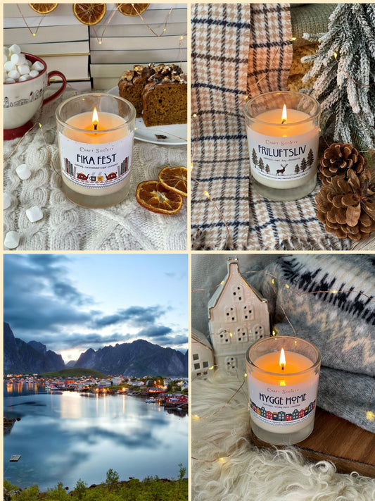 A bundle of three scented candles, all lit, clear jars, on a decorated background, scandinavian theme