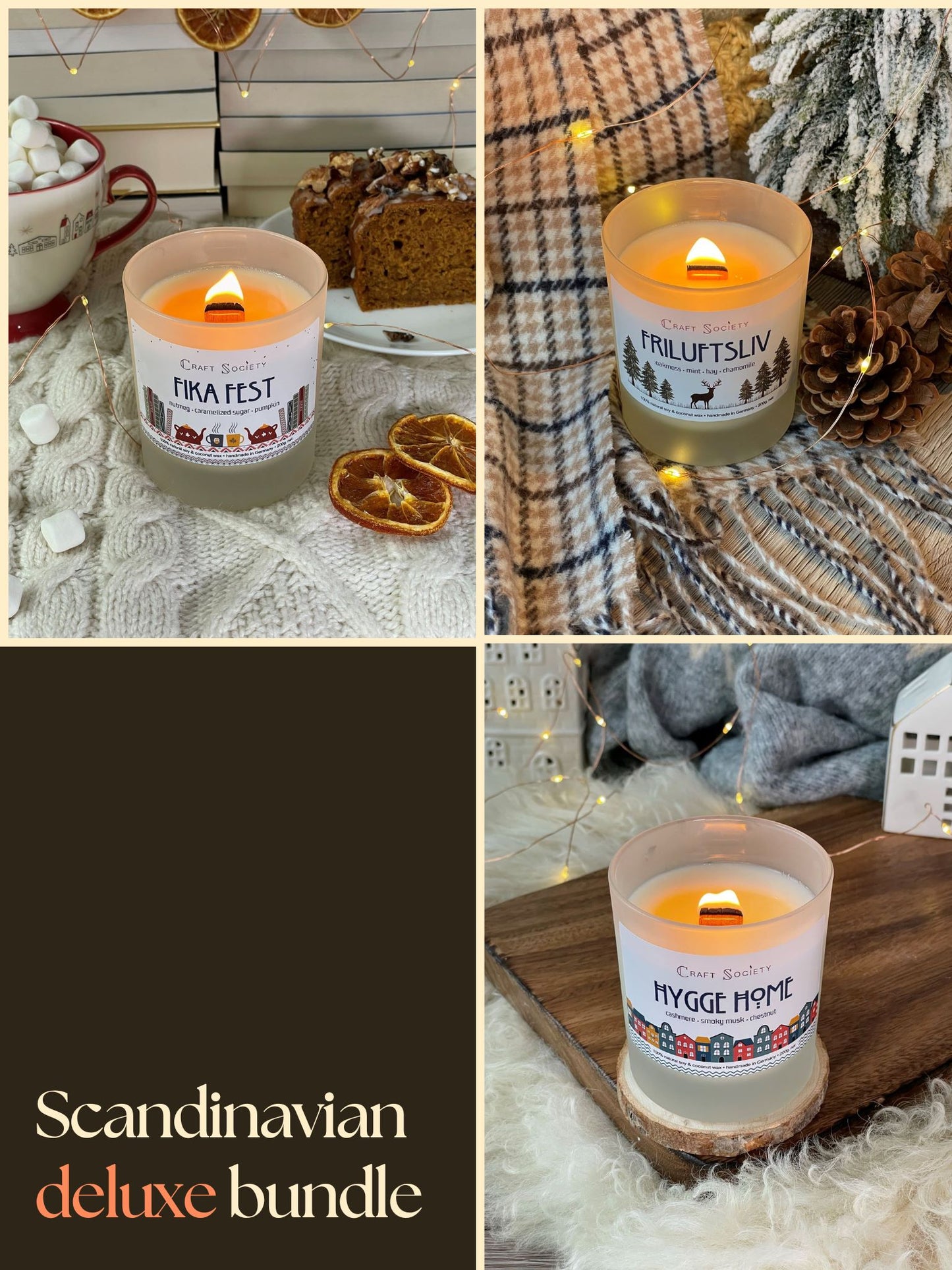 A bundle of three deluxe scented candles, all lit, on a decorated background, scandinavian theme